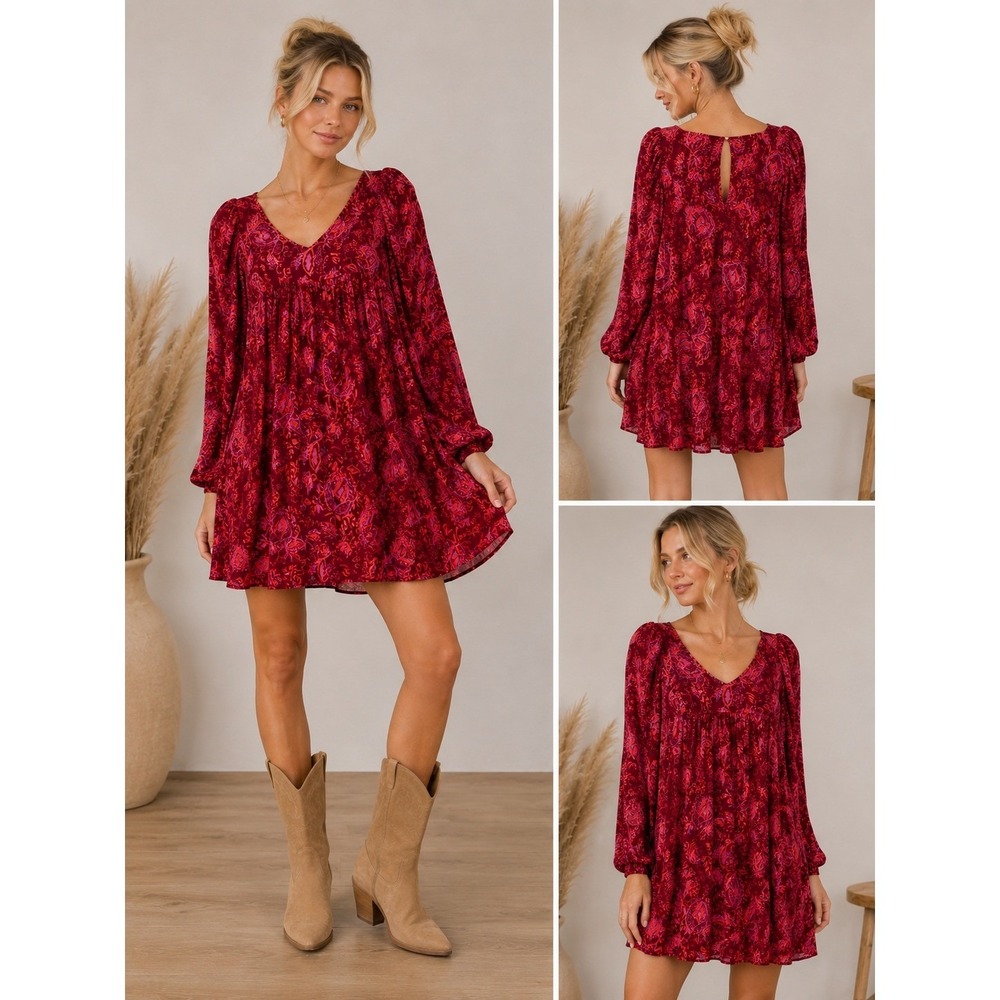 Free People Red Pink Floral Paisley Gathered Puff Sleeve Mini Dress MED Flowy‎